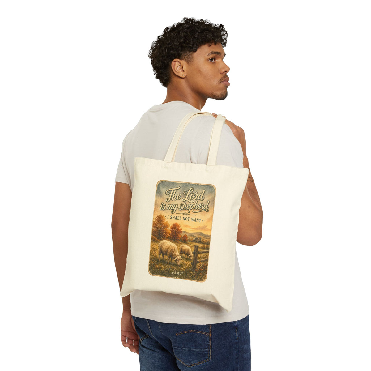 Psalm 23 Shepherd Scene Tote | Christian Autumn, Fall Leaves Canvas