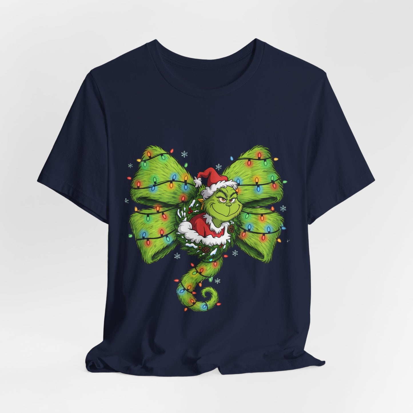Grinch Holiday Bow T-Shirt — Festive Christmas Lights Design