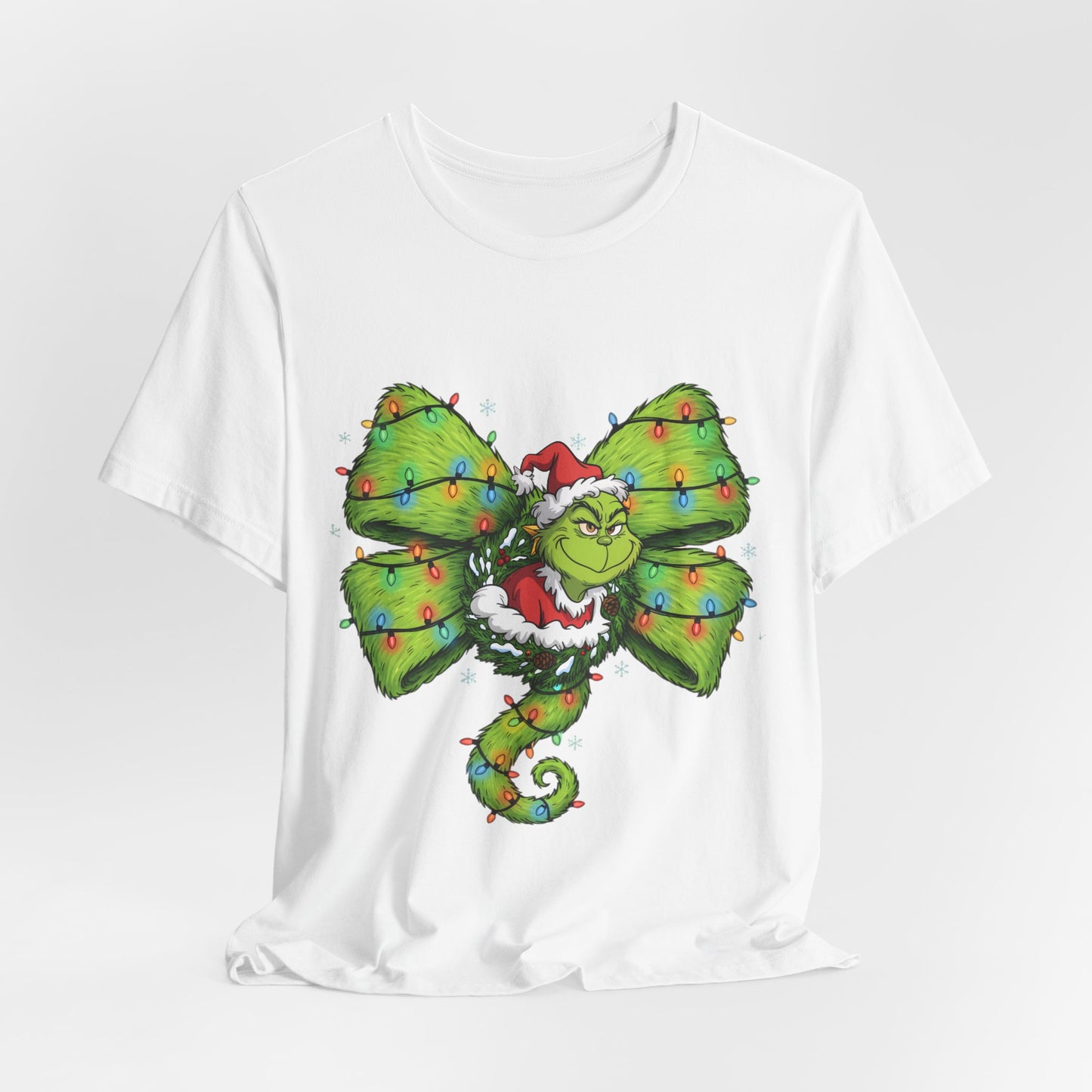 Grinch Holiday Bow T-Shirt — Festive Christmas Lights Design