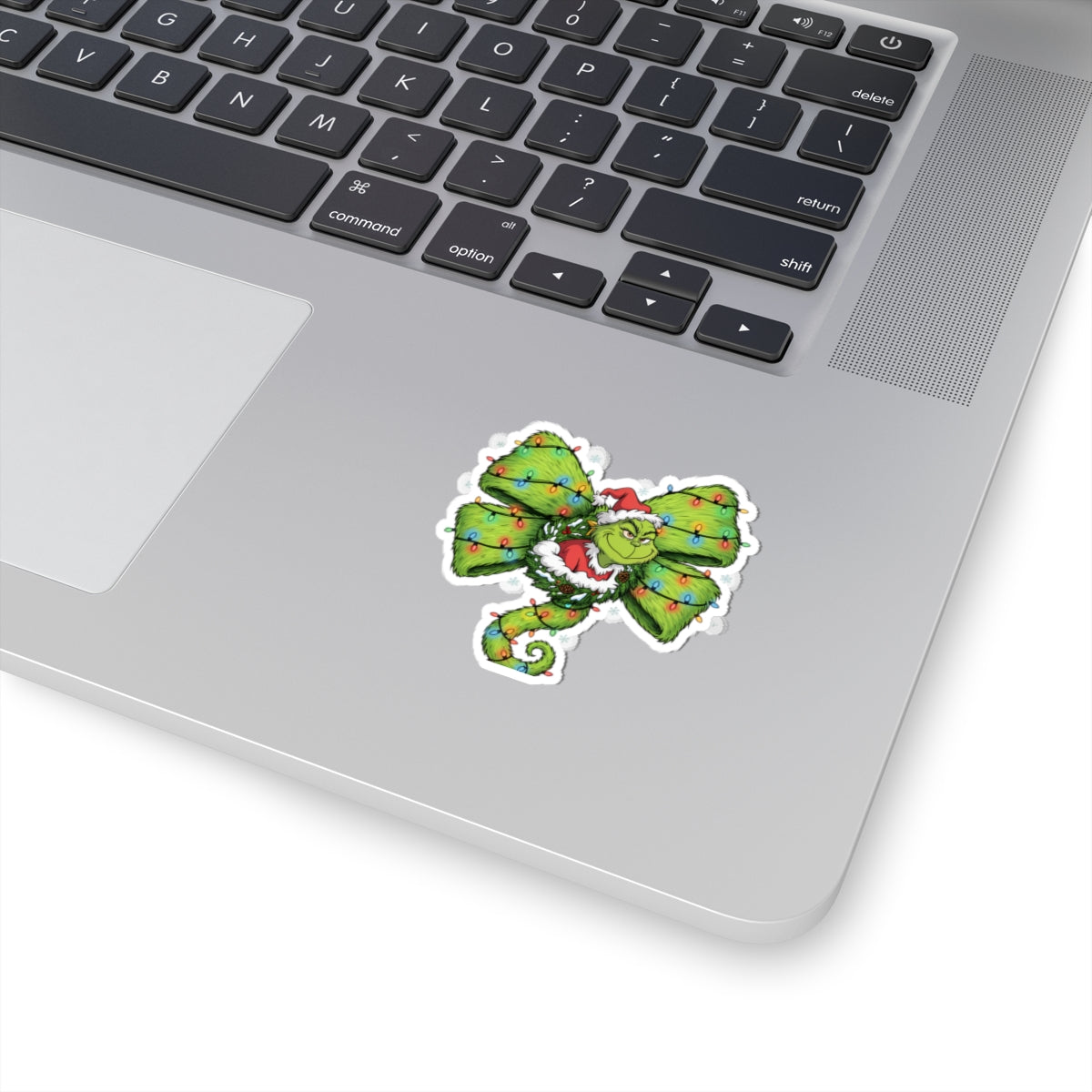 Grinch Holiday Bow Kiss-Cut Sticker — Christmas Lights & Santa Hat