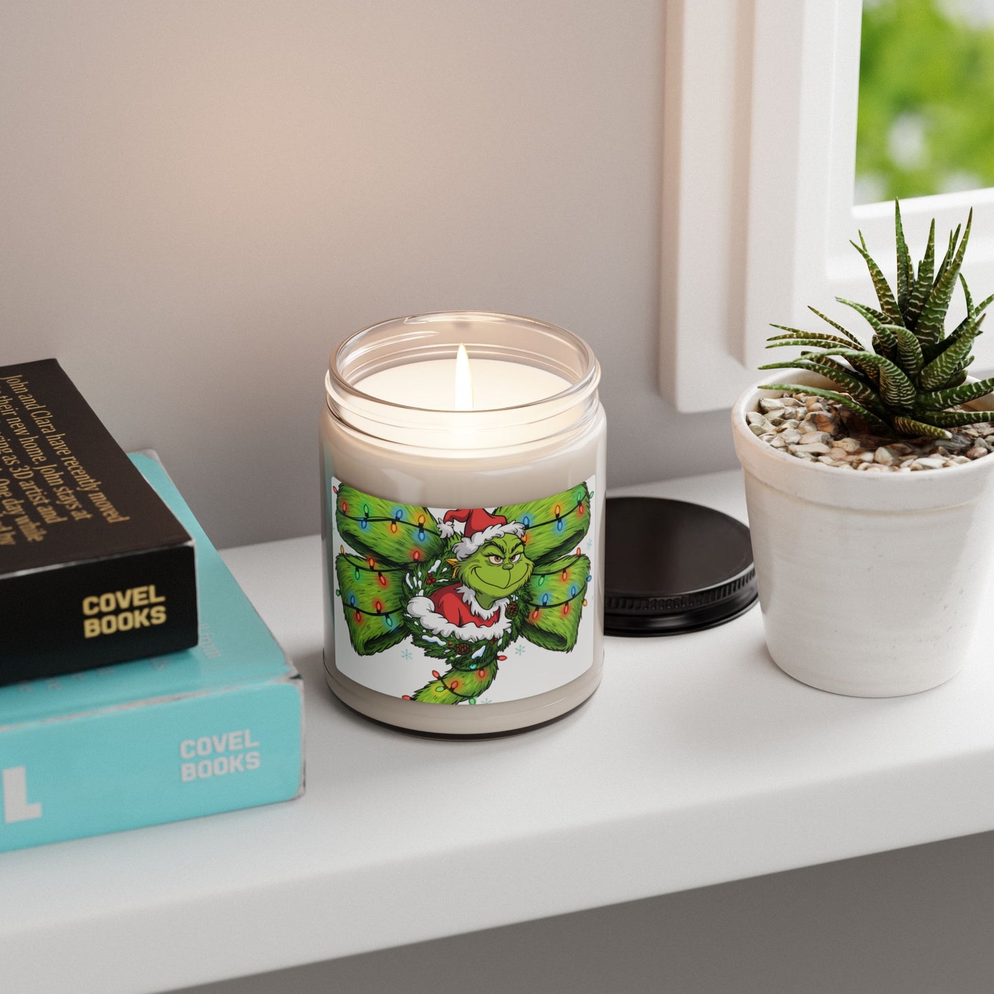 Grinch Christmas Soy Candle 9oz — Holiday Scented Jar Candle with Festive Lights