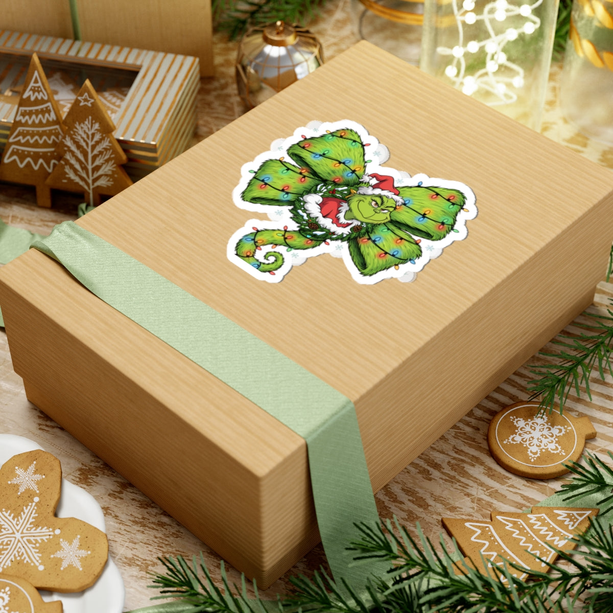 Grinch Holiday Bow Kiss-Cut Sticker — Christmas Lights & Santa Hat