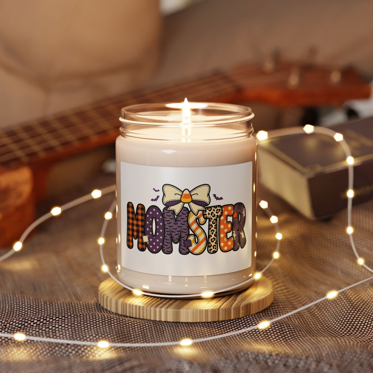 Momster Halloween Candle, Scented Soy 9oz | Purple Orange Bat Bow