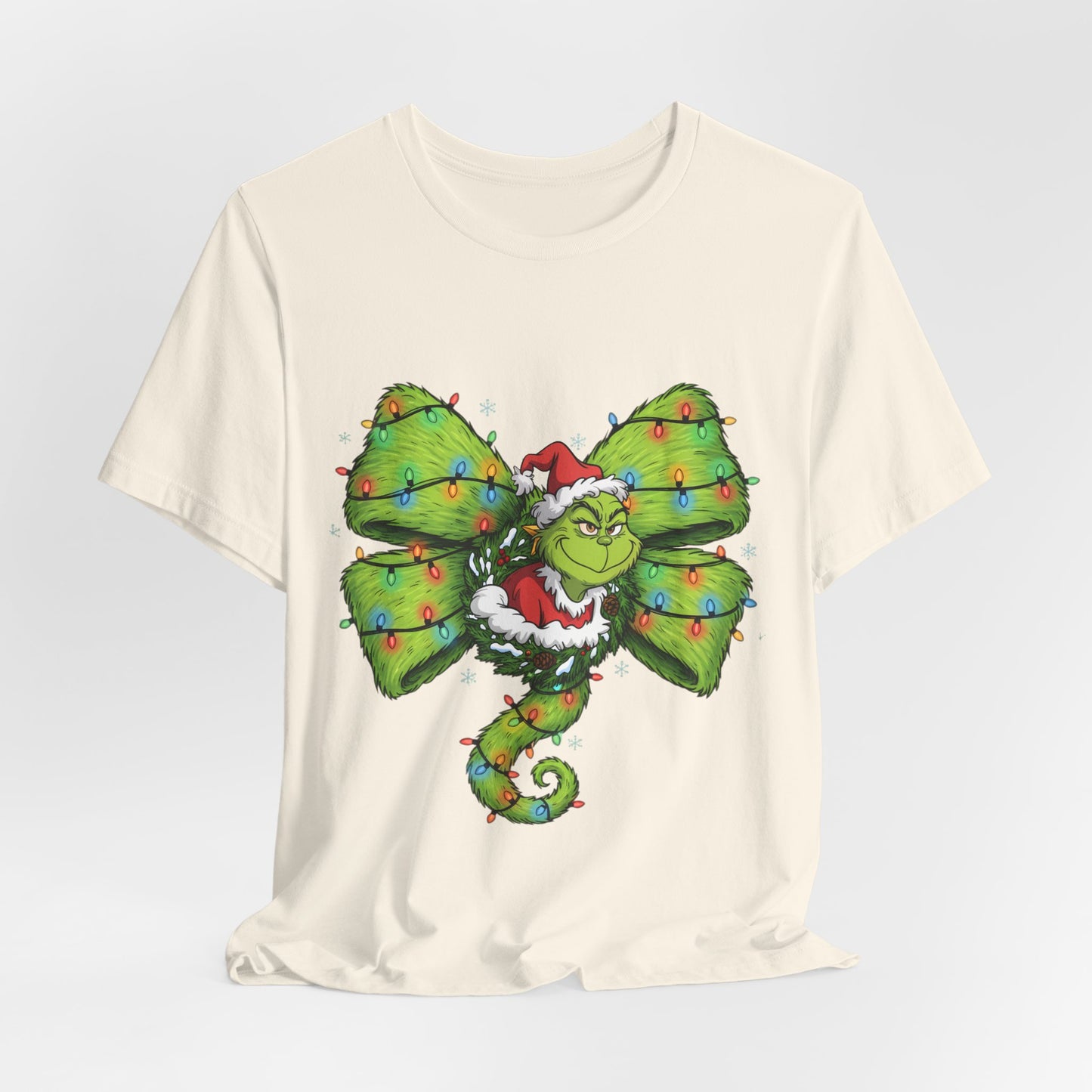 Grinch Holiday Bow T-Shirt — Festive Christmas Lights Design