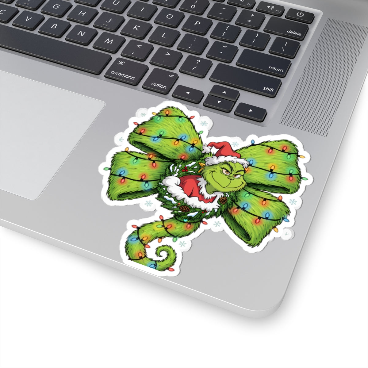 Grinch Holiday Bow Kiss-Cut Sticker — Christmas Lights & Santa Hat