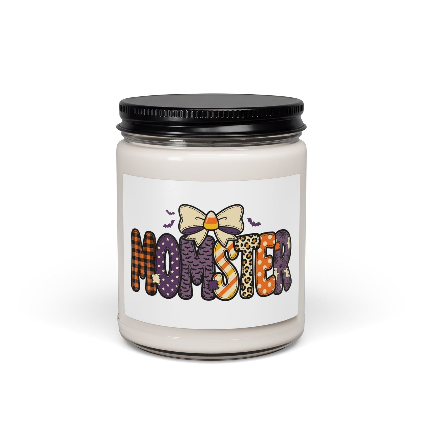 Momster Halloween Candle, Scented Soy 9oz | Purple Orange Bat Bow