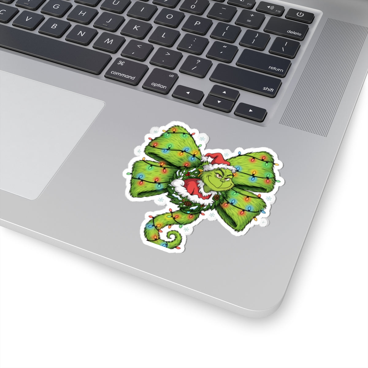 Grinch Holiday Bow Kiss-Cut Sticker — Christmas Lights & Santa Hat
