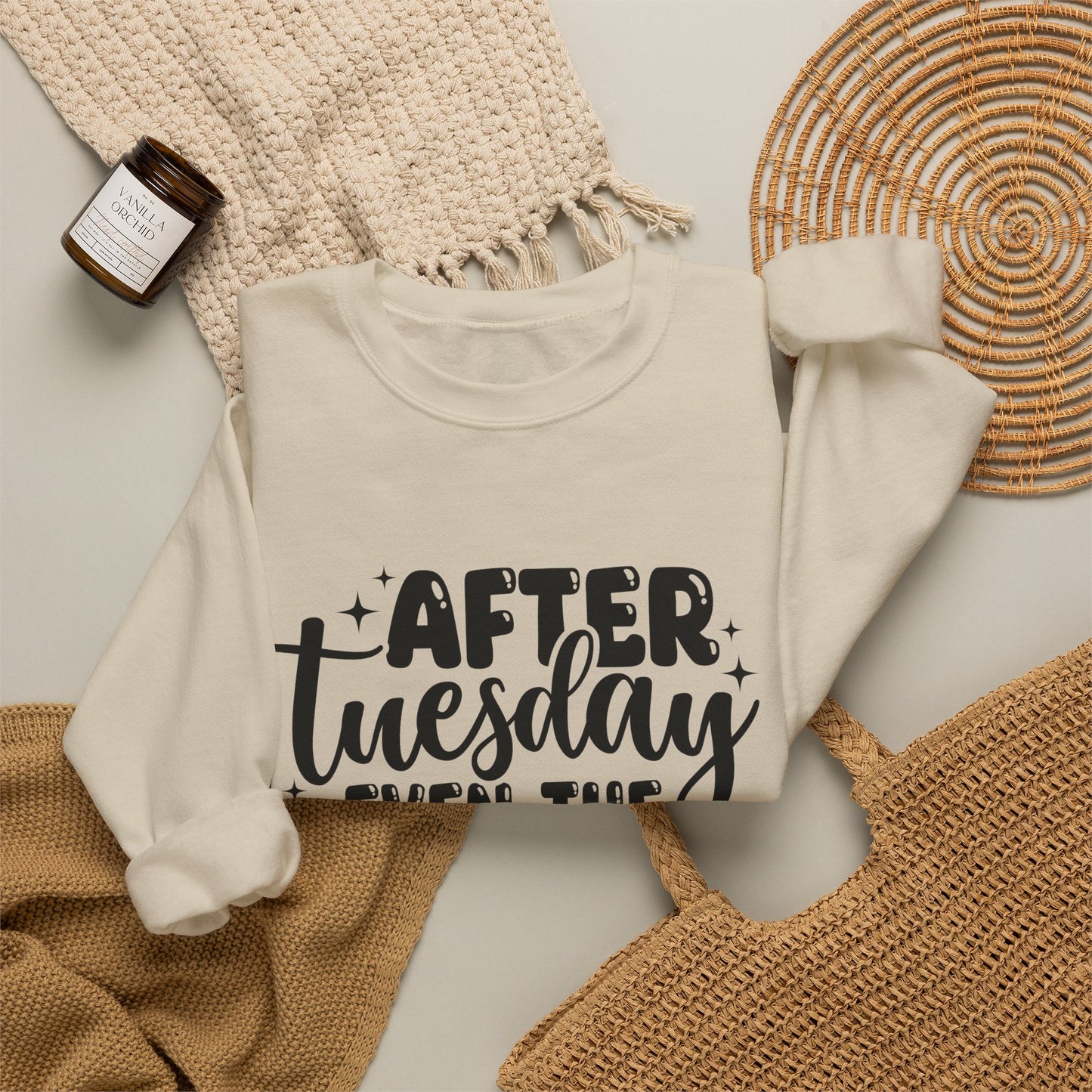 Crewneck Sweatshirt — “After Tuesday Even the Calendar Says WTF” Graphic