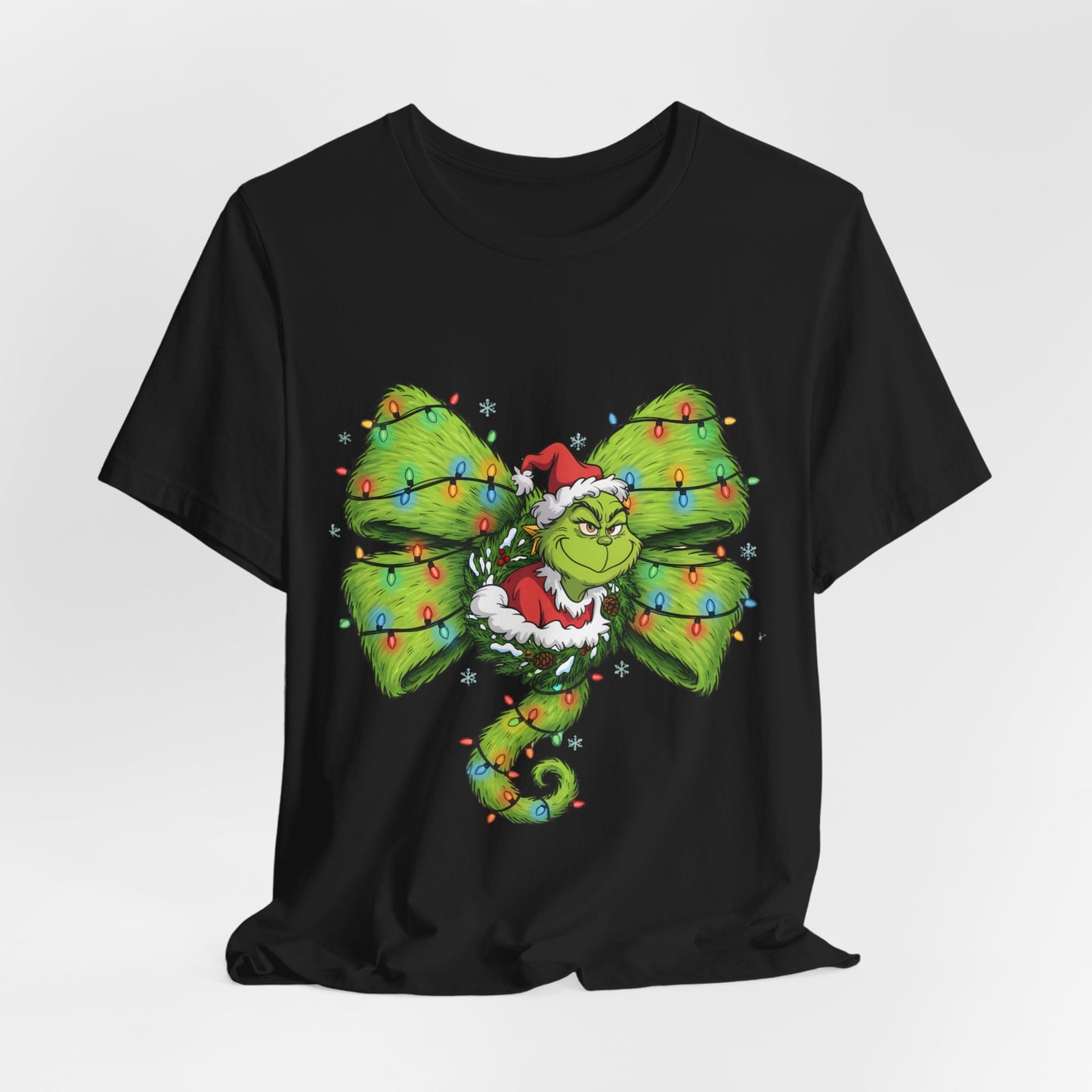 Grinch Holiday Bow T-Shirt — Festive Christmas Lights Design