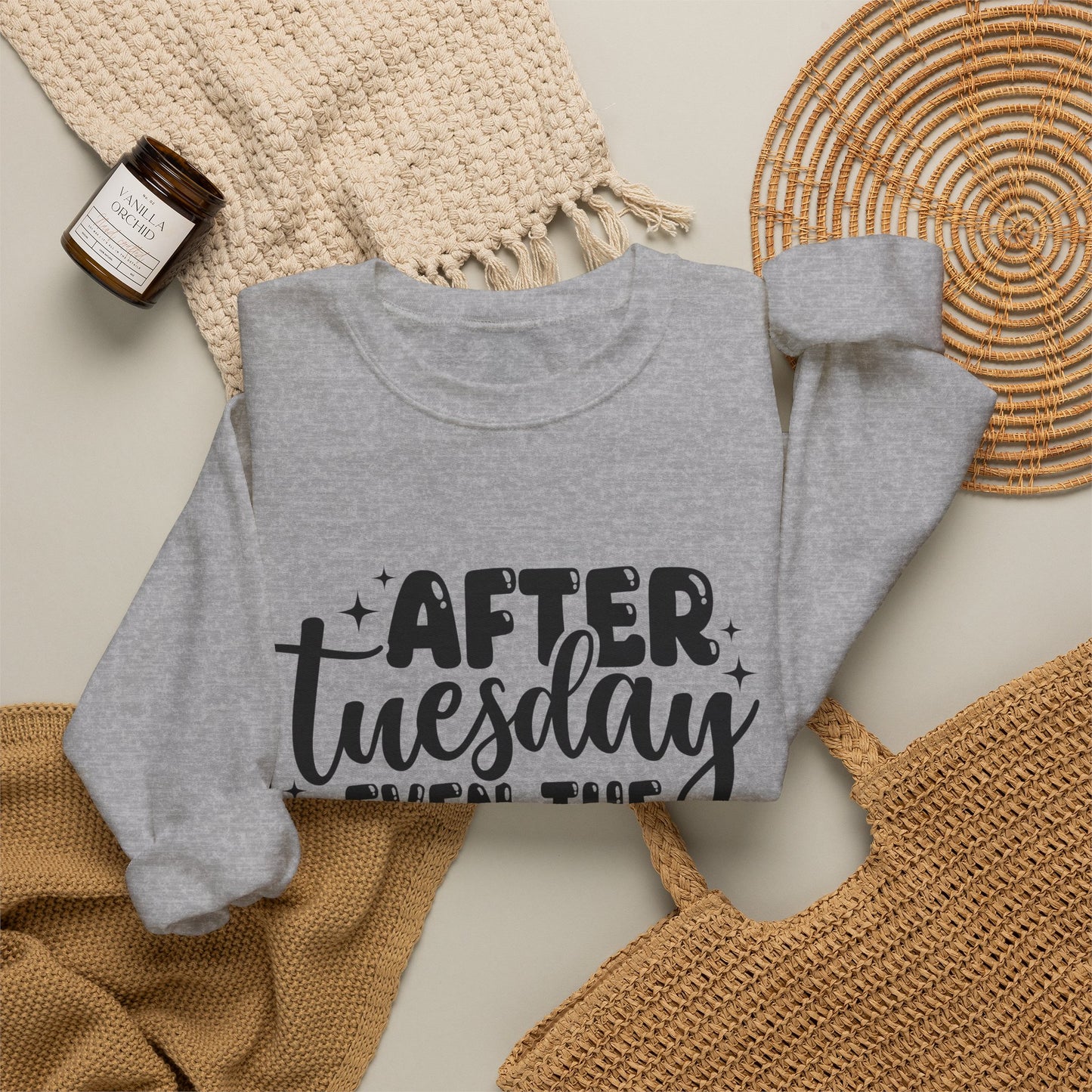 Crewneck Sweatshirt — “After Tuesday Even the Calendar Says WTF” Graphic