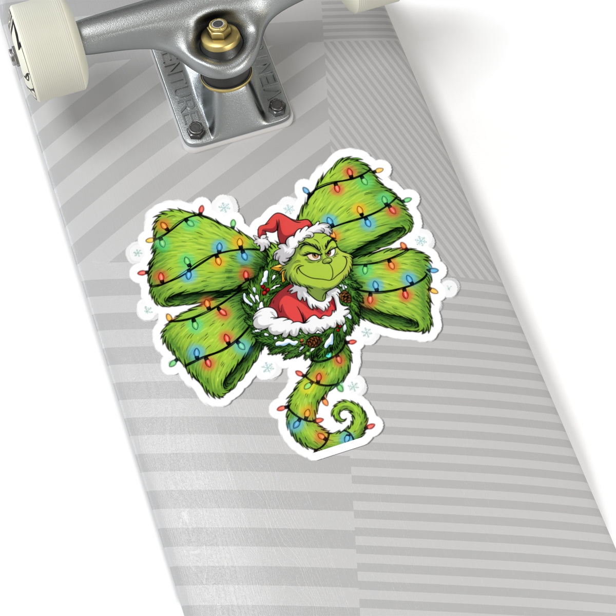 Grinch Holiday Bow Kiss-Cut Sticker — Christmas Lights & Santa Hat
