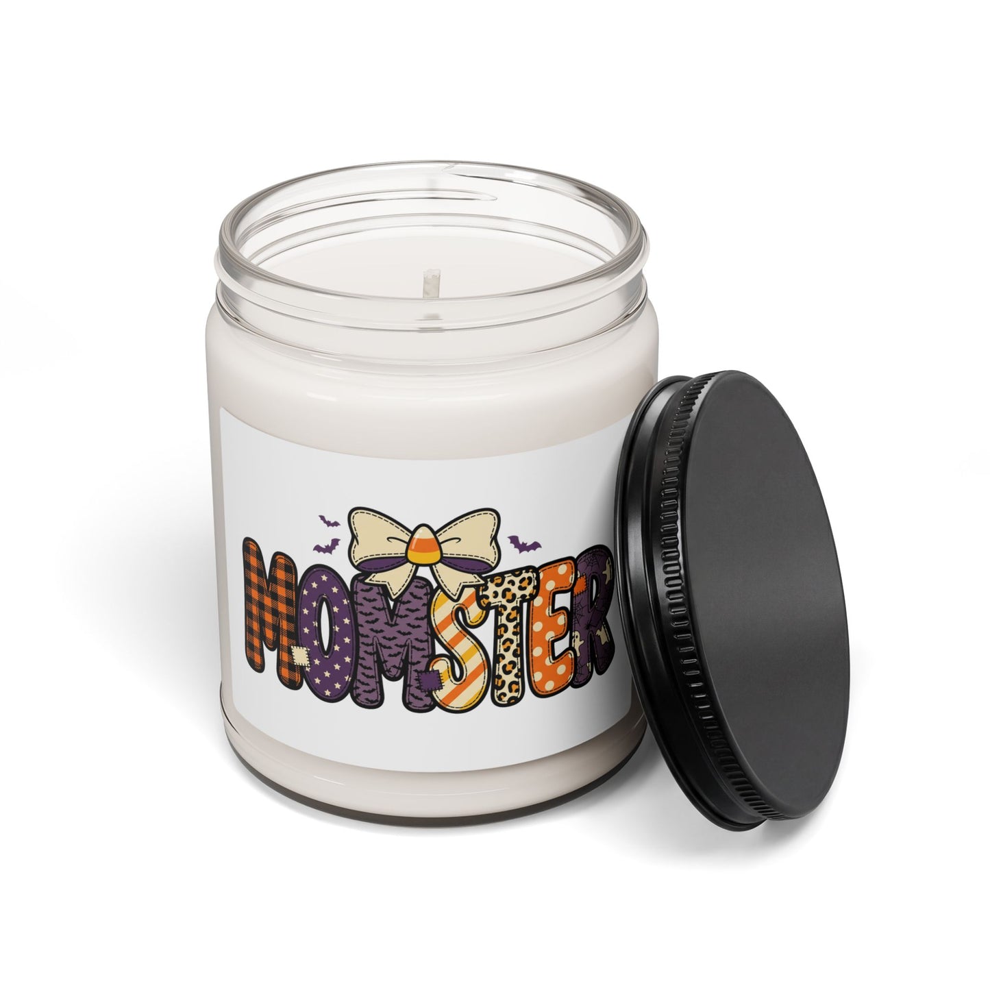 Momster Halloween Candle, Scented Soy 9oz | Purple Orange Bat Bow