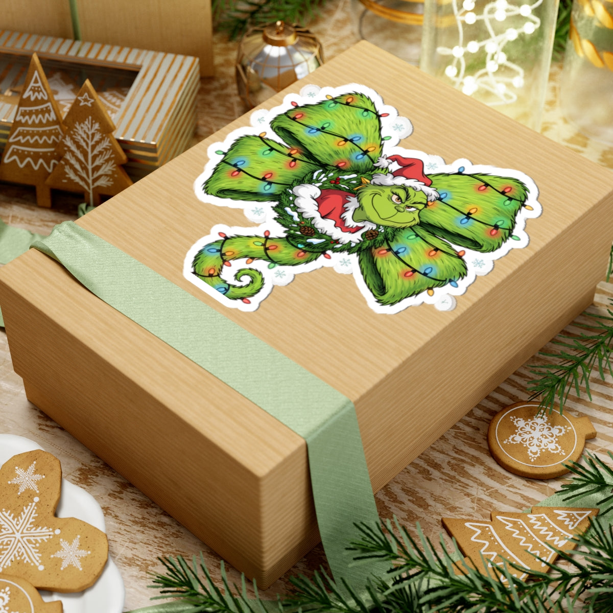 Grinch Holiday Bow Kiss-Cut Sticker — Christmas Lights & Santa Hat