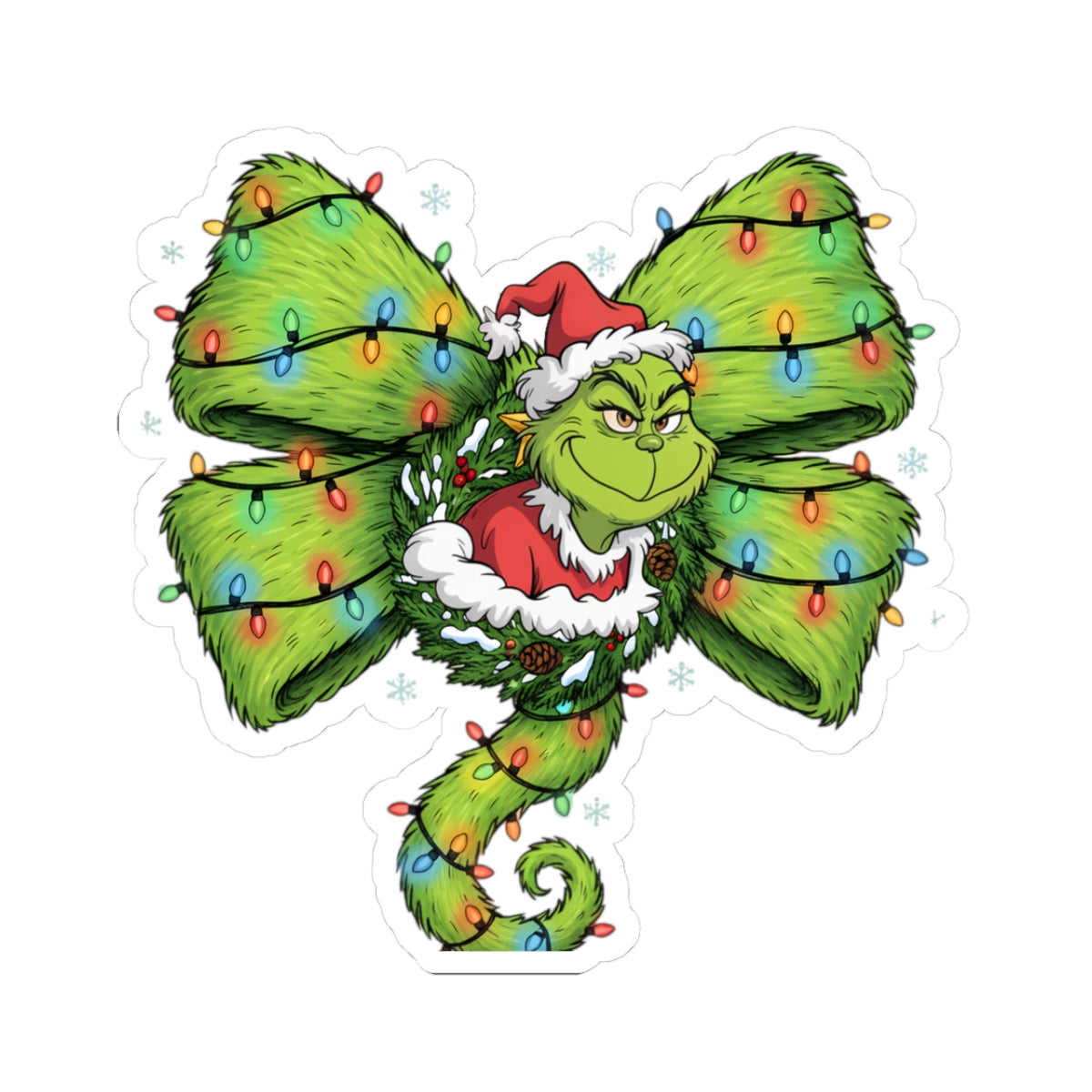 Grinch Holiday Bow Kiss-Cut Sticker — Christmas Lights & Santa Hat
