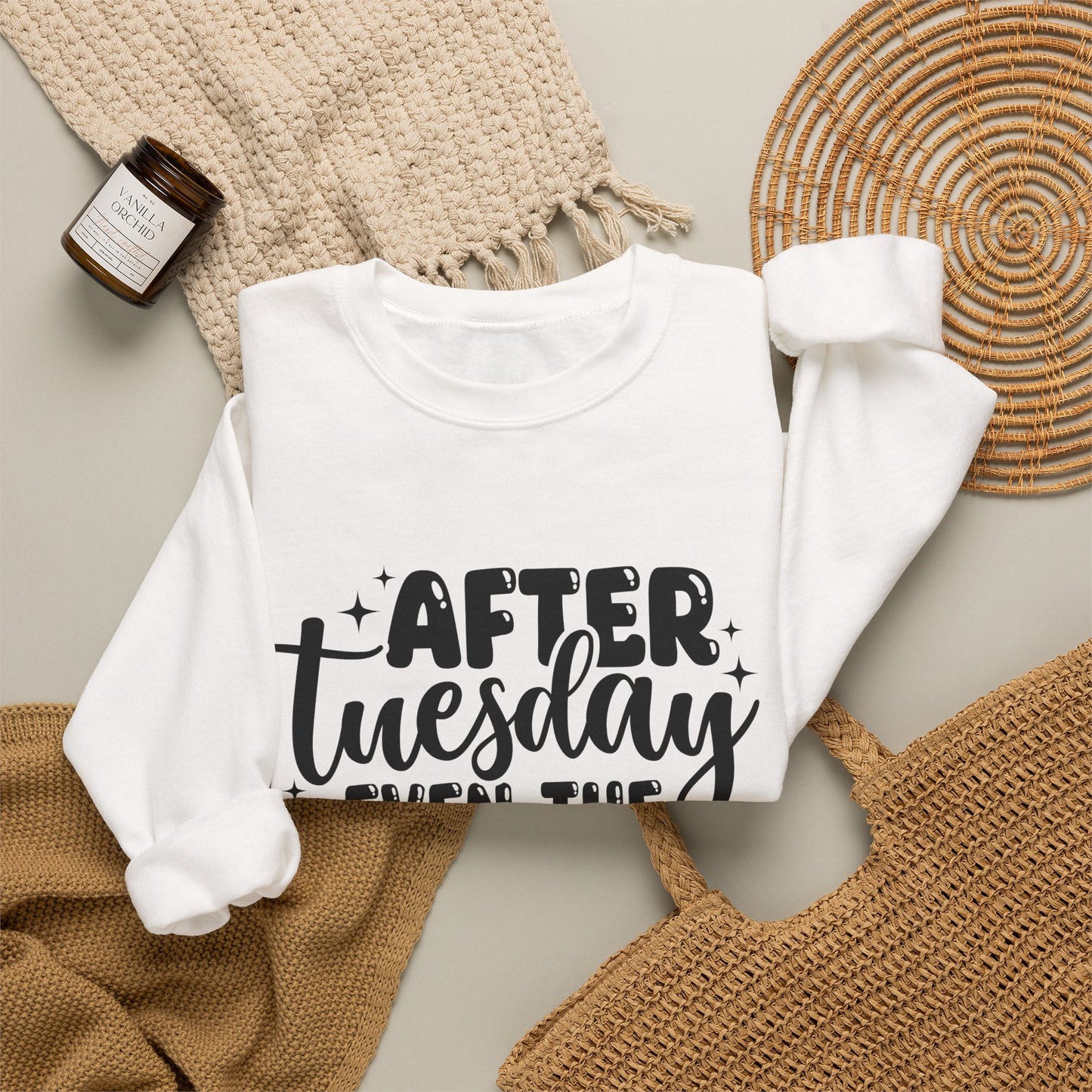 Crewneck Sweatshirt — “After Tuesday Even the Calendar Says WTF” Graphic