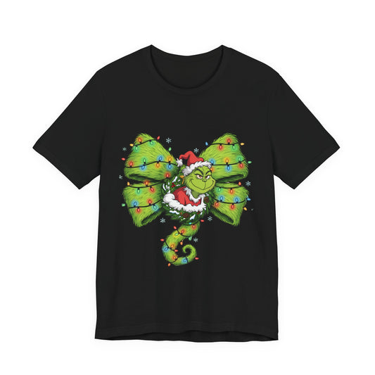 Grinch Holiday Bow T-Shirt — Festive Christmas Lights Design