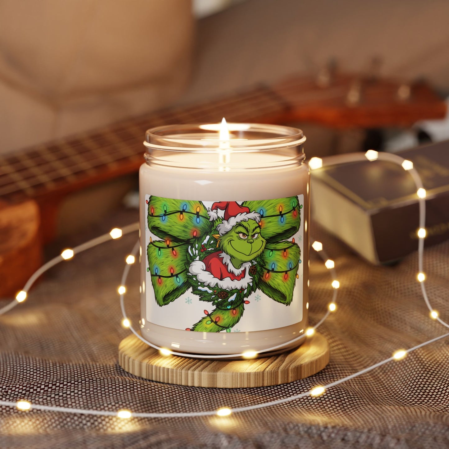 Grinch Christmas Soy Candle 9oz — Holiday Scented Jar Candle with Festive Lights