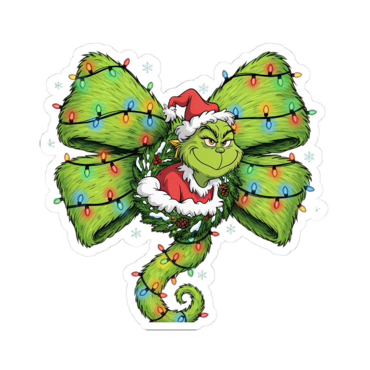 Grinch Holiday Bow Kiss-Cut Sticker — Christmas Lights & Santa Hat