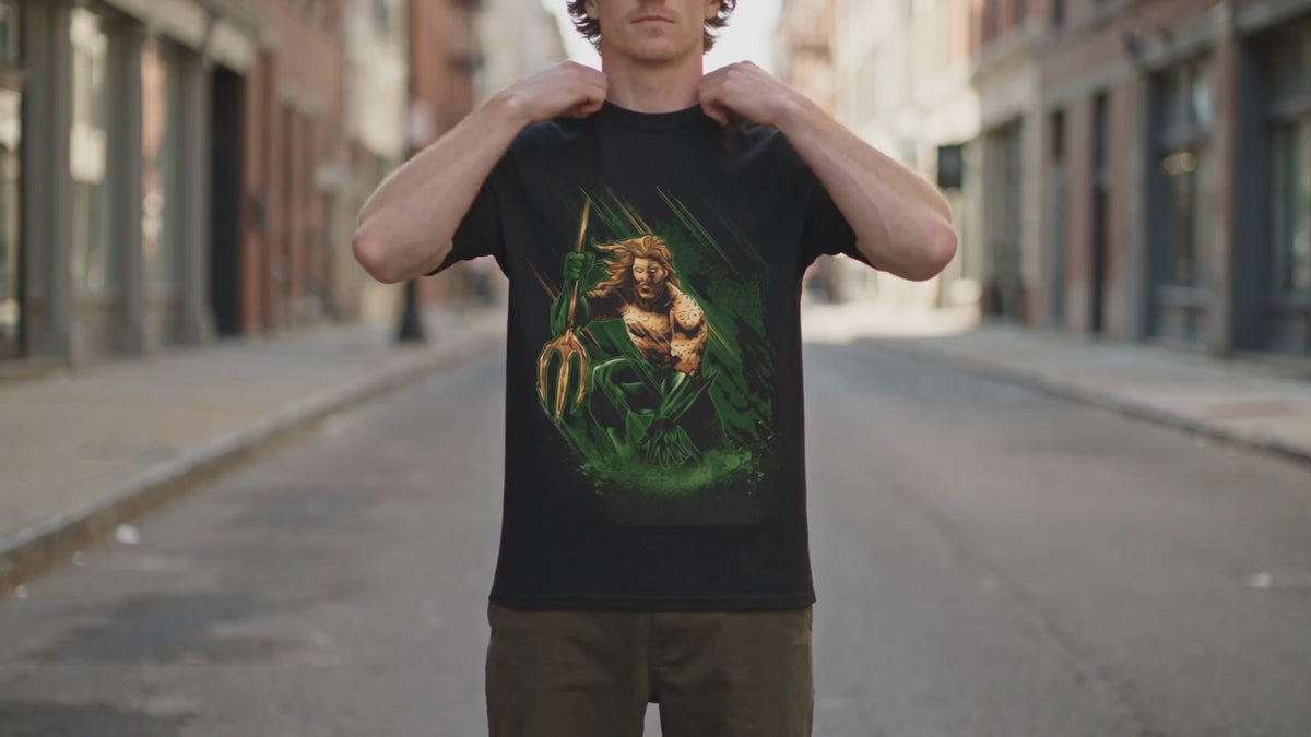 Load video: Aquaman Graphic T-Shirt — Vintage Surfing Trident Design